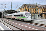 411 052-4 (Tz 1152  Travemünde ) als ICE 1634 (Linie 15) von Berlin Gesundbrunnen nach Frankfurt(Main)Hbf verlässt Halle(Saale)Hbf auf Gleis 6.
[16.2.2020 | 10:17 Uhr]