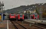 Im Bahnhof Neckarelz sind am Samstag den 3.11.2012 alle drei Bahnsteiggleise besetzt.