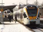 Ein FLIRT 428 der Eurobahn steht am 16.01.2010 im Bahnhof Oelde zur Weiterfahrt nach Bielefeld.