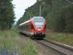 Am 14.Juni 2012 war 429 028 als RE 13027 zwischen Stralsund und Binz unterwegs.Hier nhrte sich der Flirt dem nchsten Halt:  Prora Ost .