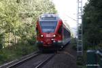 Ein Flirt Triebwagen ist am 24.07.2013 auf den Weg von Binz (Rgen) nach Stralsund, hier kurz vor dem B Prora. Auf dem Campingplatz hrte man stndig ein Getute und Gehupe, man wie das in Erinnerung bleibt :-).