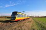 AVG (Albtal-Verkehrs-Gesellschaft) Bombardier ET2010 Wagen 931+941 am 03.11.18 in der Nähe von Sulzbach auf der Strecke Frankfurt Höchst-Bad Soden. Durch Planungen zur RTW Regionaltangente West wurden zum zweitem mal Testfahrten mit AVG Stadtbahnwagen aus Karlsruhe vorgenommen