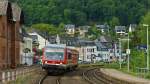 Tag 2: Ein VT 628 erreicht als RB aus Gerolstein den Bahnhof Kordel auf Gleis 1, um dann weiter nach Trier Hbf zu fahren. (13.08.2011)