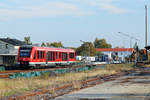 DB REGIO Lint 41 ausfahrend in Torgelow nach Pasewalk, im Hintergrund ist der neue Bahnsteig 2 zu erkennen und die Arbeiten am neuen Bahnsteig 1. - 15.10.2018