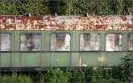 Motive am Rande einer Bahnfahrt -    Zugenagelte Fenster und ein rostiges Dach.