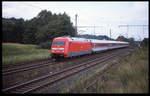 101104 fährt hier am 22.08.1998 mit einem kurzen IC nach Münster im Umleiterverkehr via Rheine um 17.48 Uhr durch Westerkappeln Velpe.