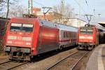 101 145-1 mit IC 2201 nach Köln Hbf. bei der Ausfahrt aus Recklinghausen an Gleis 2 steht 146 007-0 mit RE 2 nach Münster(Westf.) 4.1.2015