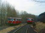 796 802 und 796 690 (mit 996 299) bei einer simulierten Parallelfahrt in der Nhe von Wenholthausen am 08.02.1998.