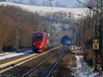 Thalys am 04.02.2012 unterwegs hinter dem Nirmer Tunnel auf der KBS 480 bei Eilendorf Richtung Aachen.