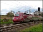 Da rauscht er vorbei ,der Thalys in zgiger Fahrt in Richtung Kln.
Aufnahme bei Eschweiler im April 2012.