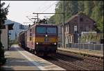 372 013 fährt mit ihren Güterzug aus Tschechien kommend durch den Haltepunkt Schöna.