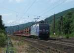 152 134  Albatros-Express  zieht am 03.August 2013 einen leeren Autozug durch Gemnden am Main Richtung Wrzburg.