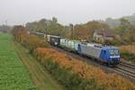 Mit einem Containerzug aus Belgien/Aachen West fuhr am 31.10.2016 die Alpha Trains/Crossrail 145-CL 203 (145 099-8) zwischen Müllheim (Baden) und Auggen auf der KBS 703 in Richtung Schweizer