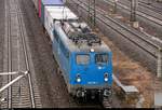 Blick auf 139 285-1 der Eisenbahngesellschaft Potsdam mbH (EGP) als Containerzug, der den Abzweig Thüringen (At) Richtung Norden passiert.