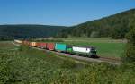 193 223 ELL-WLC mit Containern südwärts bei Wernfeld am 30.8.2015.