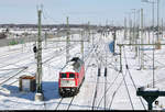 Nachdem 232 241-0 (132 241-1) sich in der Abstellgruppe  warmgedieselt  hat, passiert sie nun die Rangiergleise der Zugbildungsanlage (ZBA) Halle (Saale) in südlicher Richtung.
Aufgenommen von der Berliner Brücke.

🧰 DB Cargo
🕓 11.2.2021 | 11:45 Uhr