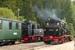 03.09.2011, V.WCd-Schmalspurbahnfestival im Bahnhof Schönheide Süd. Schön war's und sogar das Wetter spielte erstmals mit. Hauptprogrammpunkt war das Verladen von regelspurigen Güterwagen auf Schmalspur-Rollwagen. Lok 99 574 rangierte den Schmalspur-Güterzug, 99 606 war als Deko aufgestellt und Kö 4017 brachte die Regelspurwagen heran. 