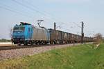 Am 11.04.2017 bespannte ATLU/XRAIL 185 527-9 einen  GTS -Containerzug bis zur Schweizer Grenze, als sie bei Hügelheim durchs Rheintal fuhr.