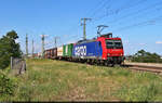 Containerzug (Bertschi AG) mit Re 482 027-0 überquert in Halle (Saale) die Leipziger Chaussee (B 6) Richtung Abzweig Thüringer Bahn.

🧰 SBB Cargo AG, vermietet an die SBB Cargo International AG
🕓 24.6.2023 | 16:33 Uhr