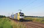 ES 64 U2-095 MRCE Dispolok-TXL ist mit Containern auf der Main-Neckar-Bahn bei Ladenburg in Richtung Darmstadt unterwegs am 16.6.2012
