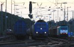 185 527-9 von Crossrail fhrt mit einem Containerzug aus Belgien nach Italien bei der Ausfahrt von Aachen-West und fhrt in Richtung Kln in der Abendstimmung am 29.8.2012.