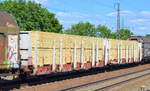 Flachwageneinheit für Holztransporte mit Niederbindeeinrichtung vom Einsteller Rail Cargo Wagon - Austria GmbH beladen mit Schnittholz (Bretter) mit der Nr. 21 TEN-RIV 81 A-RCW 4395 082-0 Laaprs in einem gemischten Güterzug am 28.06.19 Saarmund Bahnhof.