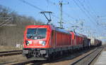 DB Cargo AG [D] mit der Doppeltraktion  187 142  [NVR-Nummer: 91 80 6187 142-5 D-DB] +   187 182  [NVR-Nummer: 91 80 6187 182-1 D-DB] mit gemischtem Güterzug am 27.03.20 Bf. Jüterbog.