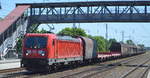 DB Cargo AG [D] mit  187 123  [NVR-Nummer: 91 80 6187 123-5 D-DB] und gemischtem Güterzug Richtung Seddin am 23.06.20 Bf. Saarmund.