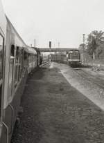 Sonderzug des DMV begegnet Gterzug nrdlich von Erfurt, um 1988