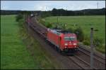BR 185 zieht Güterzug aus Maschen Rbf. Das Bild wurde in Ramelsloh geschossen am 29.05.15