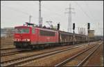 DB 155 158 mit Schiebewandwagen nach Kunowice (deutsch Kunersdorf) am 03.04.2013 in Berlin Schnefeld