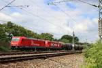 185 605-3 von RheinCargo mit einer Schwesterlok als Kesselzug fährt in Wittenberge auf der Bahnstrecke Berlin–Hamburg (KBS 204) Richtung Berlin. [15.7.2017 - 13:49 Uhr]