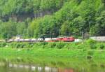 RAILION DB Logistics 180 xxx mit einem Gterzug Richtung Dresden, im Elbtal bei Bad Schandau; 25.05.2010