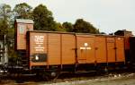 Geschlossener Waggon aus der Länderbahnzeit (KPEV) auf der Fahrzeugschau  150 Jahre deutsche Eisenbahn  vom 3. - 13. Oktober 1985 in Bochum-Dahlhausen.