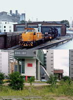 Der Düsseldorfer Hafen hat sich gewandelt: Auf dem oberen Bild stehen die DL 3 der Düsseldorfer Hafenbahn und die für Sonderfahrten zum 90. Hafengeburtstag gecharterte 74 1192 im Jahr 1986 vor dem Lokschuppen der Hafenbahn. Leider konnte die 74 wegen eines Schadens nicht eingesetzt werden. Die untere Aufnahme entstand bereits 2008, auf der Grünfläche befand sich der Lokschuppen. Anhaltspunkte, um seinen Standort zu finden, gab es kaum, einer der wenigen war die Fassade des Lagerhauses im Hintergrund, die in einen Neubau integriert wurde. Ungefähr dort, wo die Baustraße zu sehen ist, fährt heute die Straßenbahn zur Kesselstraße. Auf dem Grünstreifen wird zur Zeit ein weiteres Bürogebäude errichtet, ein Vergleichsfoto ist heute nicht mehr möglich. 