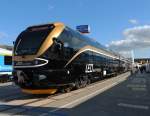 Der Intercity-Triebzug FLIRT LEO 480 003 fr die tschechische Firma LEO Express auf der InnoTrans 2012 am 23.09.2012.
Aussteller ist die Stadler Rail AG.
