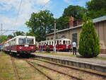 Der Schweizer Triebwagen BDe 4/4 13 der Buckower Kleinbahn bei der Ausfahrt nach Münchenberg (Mark) im Hintergrund, während 479 006 und ein Beiwagen der BR 879 links als nächster