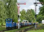 06.08.2016, Die Cottbuser Parkeisenbahn fuhr heute mit ihrer Dampflok 99 0001, der 1918 von Linke-Hofmann in Breslau für die Heeresfeldbahnen gebauten Brigadelok HF2257. Diese Lok zog 1954 den Eröffnungszug der damaligen Pioniereisenbahn. Zusätzlich tuckerte die Diesellok 199-05 vom Typ NSf, gebaut 1955 bei LKM in Babelsberg und seit 1995 bei der Parkeisenbahn eingesetzt. Leistung: 30 PS.