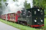 06.08.2016, Die Cottbuser Parkeisenbahn fuhr heute mit ihrer Dampflok 99 0001, der 1918 von Linke-Hofmann in Breslau für die Heeresfeldbahnen gebauten Brigadelok HF2257. Diese Lok zog 1954 den Eröffnungszug der damaligen Pioniereisenbahn.