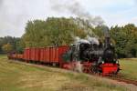 Internationales Feldbahntreffen bei der Waldeisenbahn Muskau am 12.10.2012  --  Die ex MPSB Gastlokomotive 99 3462 von der Dampfkleinbahn Mhlenstroth mit einem Fotogterzug Richtung Weiwasser bei