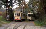 In der Endhaltestelle Greuel der Bergischen Museumsbahnen treffen sich am 30.10.2010 der ex-Rheinbahn Tw 107 und der ex-Hagener Tw 337