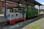 Eine Feldbahnlokomotive von Jung diente im Juni 2019 auf dem Freigelände des Verkehrsmuseums in Nürnberg für Rundfahrten.