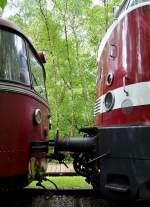 Deutsch/deutsches tete à tete im Freigelände des Deutschen Technikmuseums in Berlin: Bundesbahn-VT 98 und Reichsbahn-BR 118. 10.5.2014