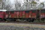 Ein  Fährbootwagen mit Schiebedach und Stirnwandtüren der DB im Eisenbahnmuseum Bochum-Dahlhausen.