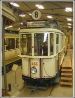 B-Triebwagen 345 (Baujahr 1907 Waggonfabrik Gastell) am 12.08.2007 in der Halle West des Verkehrsmuseums Frankfurt am Main.