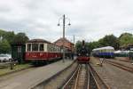 Bahnhof Bruchhausen-Vilsen am 29.05.2014  links eingelaufener T42 aus Asendorf /   Mitte abfahrbereite Dampflok  Hoya  mit Personenzug nach Asendorf /   rechts Triebwagen der Hoyaer Eisenbahn