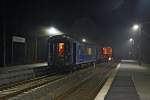 Am 3.02.2014 war um 6 Uhr  für den Trafozug zum Umspannwerk Friedrichsgabe das Ziel fast erreicht: Mit dem LÜ-Begleitwagen vorraus fährt der Zug in die Station Haslohfurth ein, hier