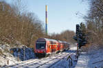 Hier zusehen ist der WFL-Ersatzzug geschoben von 223 015 auf dem RE 6 am 20.1.24 kurz vor dem Haltepunkt Chemnitz-Borna Richtung Geithain.