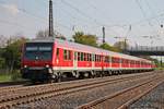 Ausfahrt am 04.05.2016 von D-DB 50 80 80-35 154-9 der Bauart Bnrdzf 483.1 als RB (Basel Bad Bf - Offenburg) mit der Schublok 111 054, aus dem Bahnhof von Müllheim (Baden) gen Buggingen.