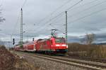 Ebenfalls am 14.02.2014, die Freiburger 146 114-4  Baden-Württemberg erfahren  mit einem RE aus Basel bei der Einfahrt in Müllheim (Baden).